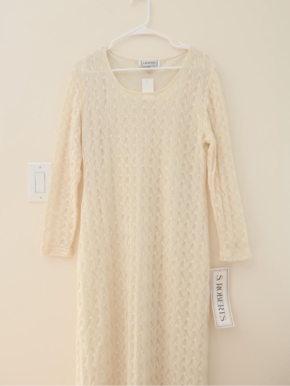 NWT Vintage 90s Crochet Knit Long Sleeves Maxi Dress Cream Sz 16 Boho Lagenlook - Picture 2 of 9